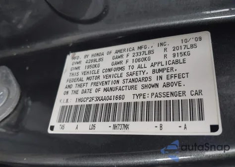 2010 Honda Accord 2.4 Lx из США, поврежденный, VIN 1HGCP2F3XAA041660